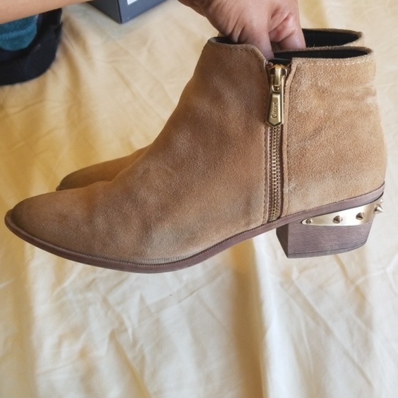 Leather low heel  booties with gold spikes on heel - Picture 6 of 8